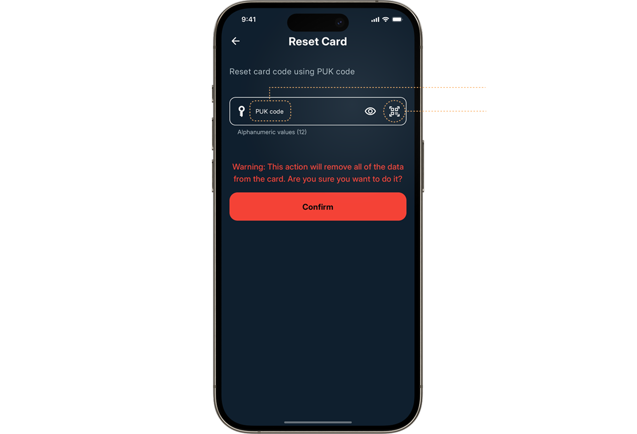 Put the PUK code manually in the field or click qr scan icon to scan the qr code from access card