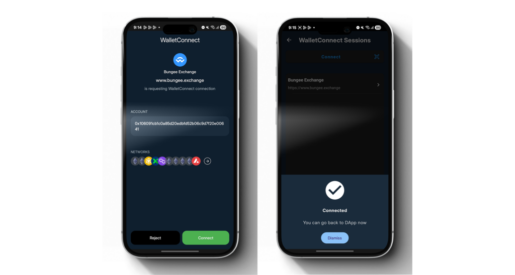 WalletConnect session details for bungee.exchange with Reject and Connect, then the Connected confirmation