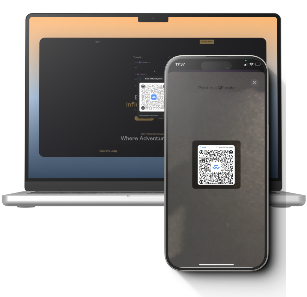 Phone held up to the laptop scanning the WalletConnect QR code