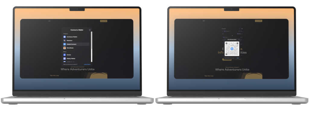 Wallet options list with WalletConnect, then the QR code the site displays