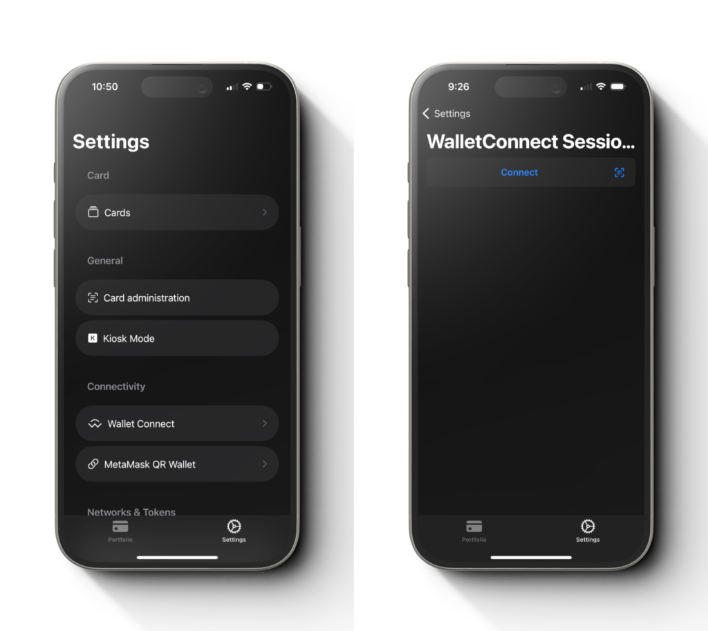 Cryptnox app Settings with the Wallet Connect entry, then the WalletConnect Sessions screen with the Connect button