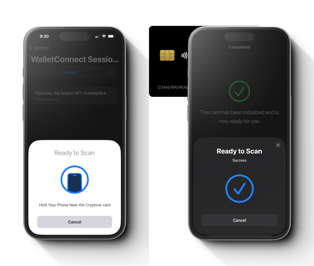 Cryptnox app asking to hold the phone near the Cryptnox card, next to the card