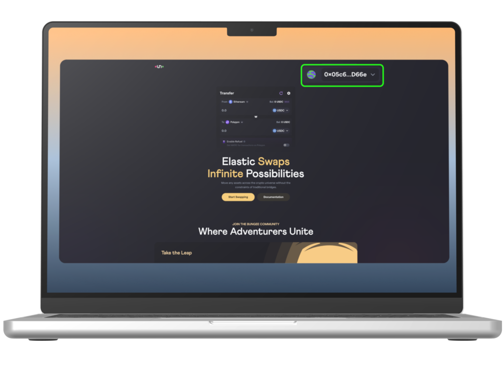 Bungee Exchange showing the connected wallet address in the top corner