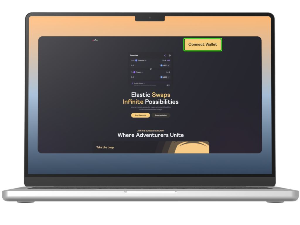 Bungee Exchange on a laptop with the Connect Wallet button highlighted