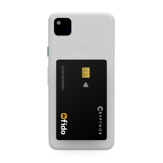 Cryptnox Fido NFC card attached to the back of a smartphone