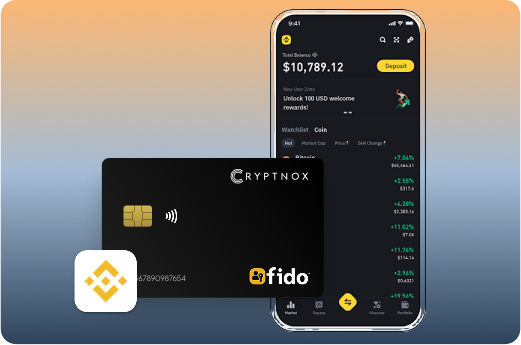 CRYPTNOX FIDO security card next to a Binance wallet app screen