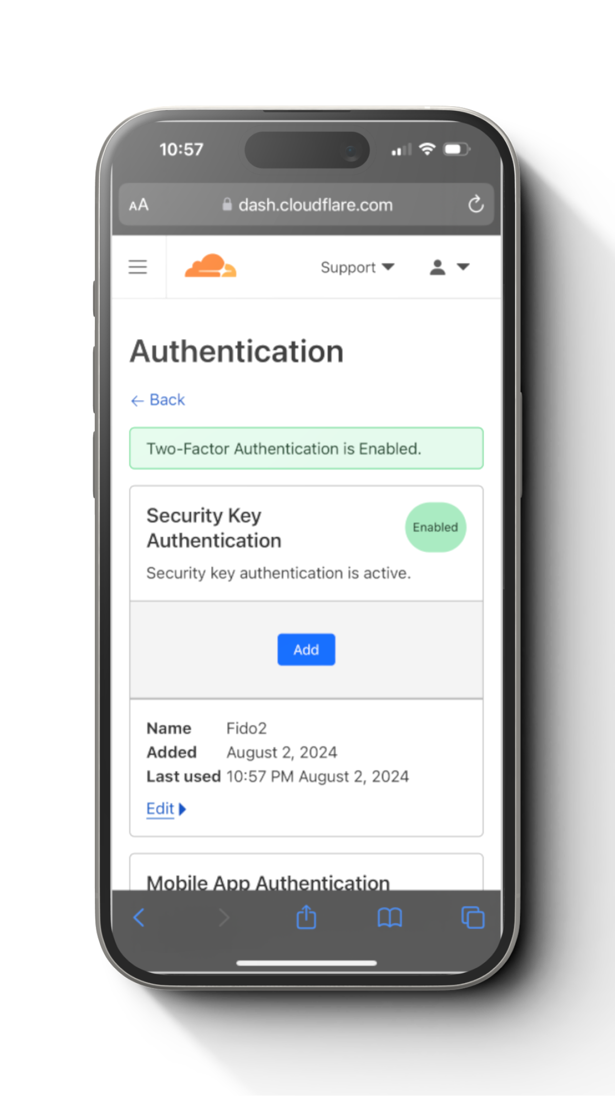 Step 2 to setup Cryptnox FIDO2 card for Cloudflare account mobile on screen