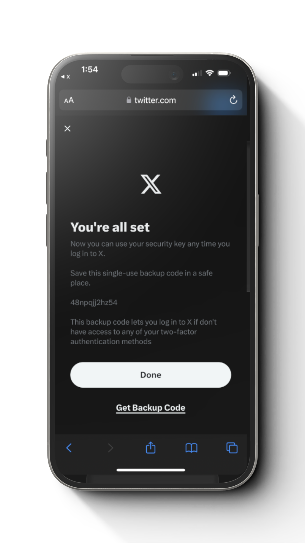 Step 3: mobile setup step to add a security key on X account using a FIDO2 card