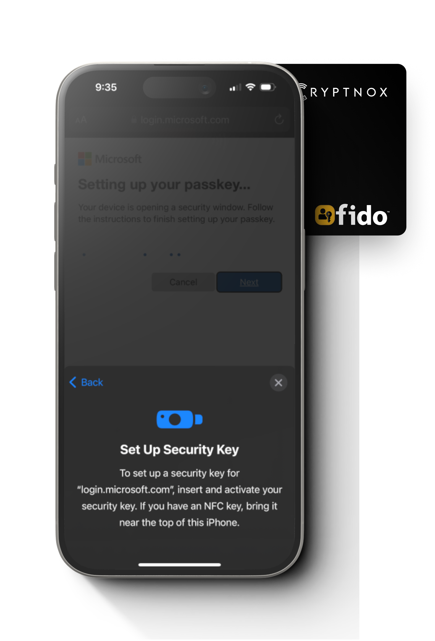 Cryptnox FIDO security key on iPhone for Microsoft login