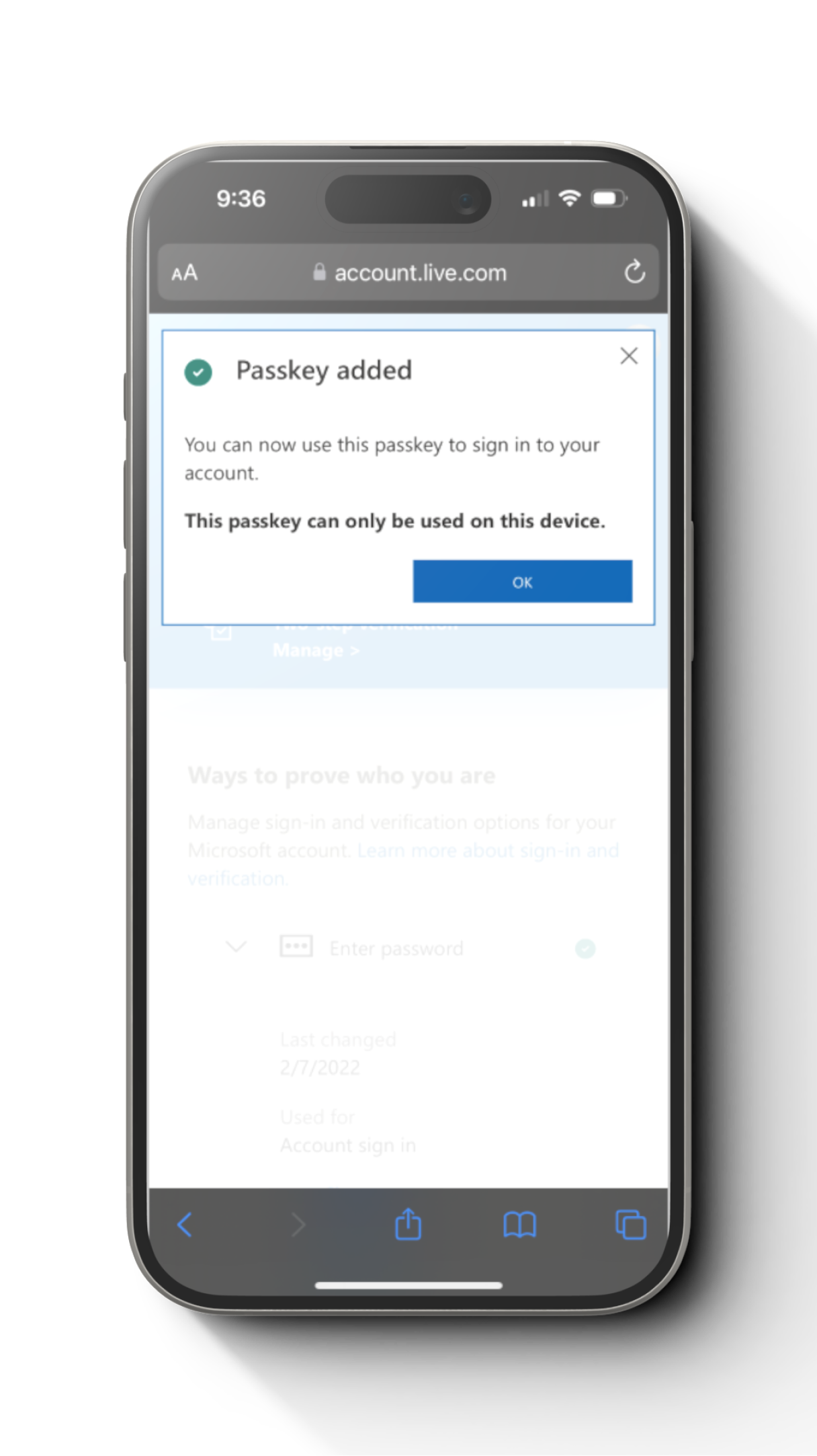 Passkey added confirmation