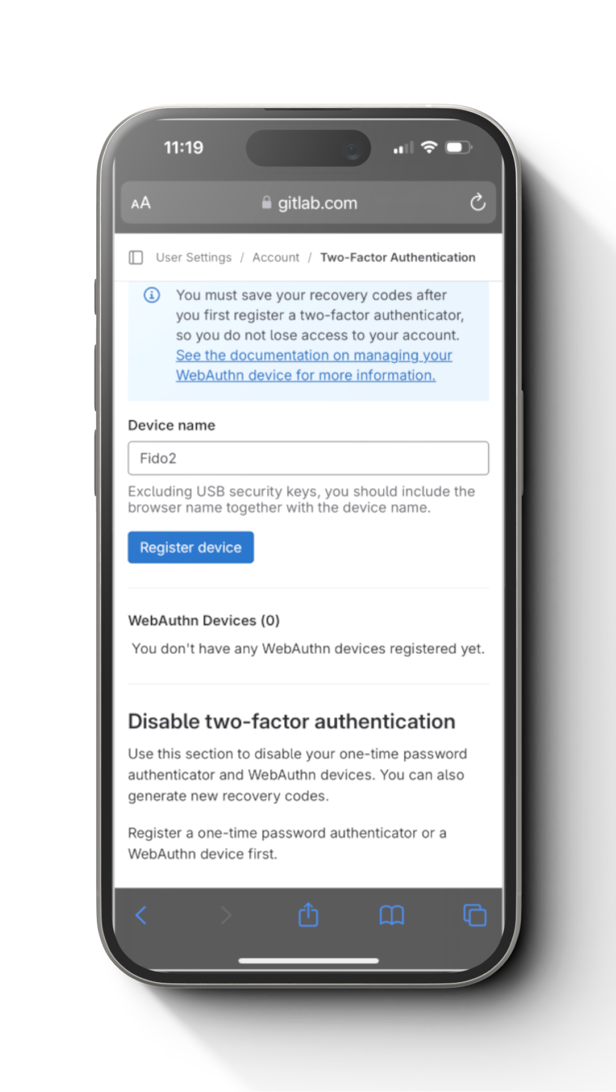 Step 1 setup Cryptnox FIDO2 card for Gitlab account mobile tutorial screenshot