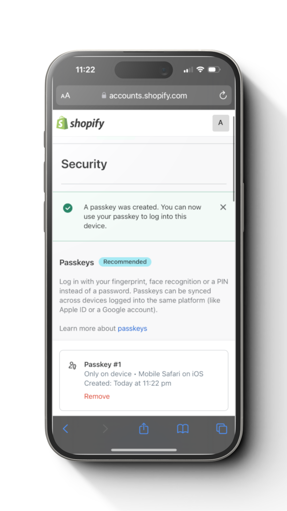 Step 3: Cryptnox FIDO2 card Shopify mobile setup security screen
