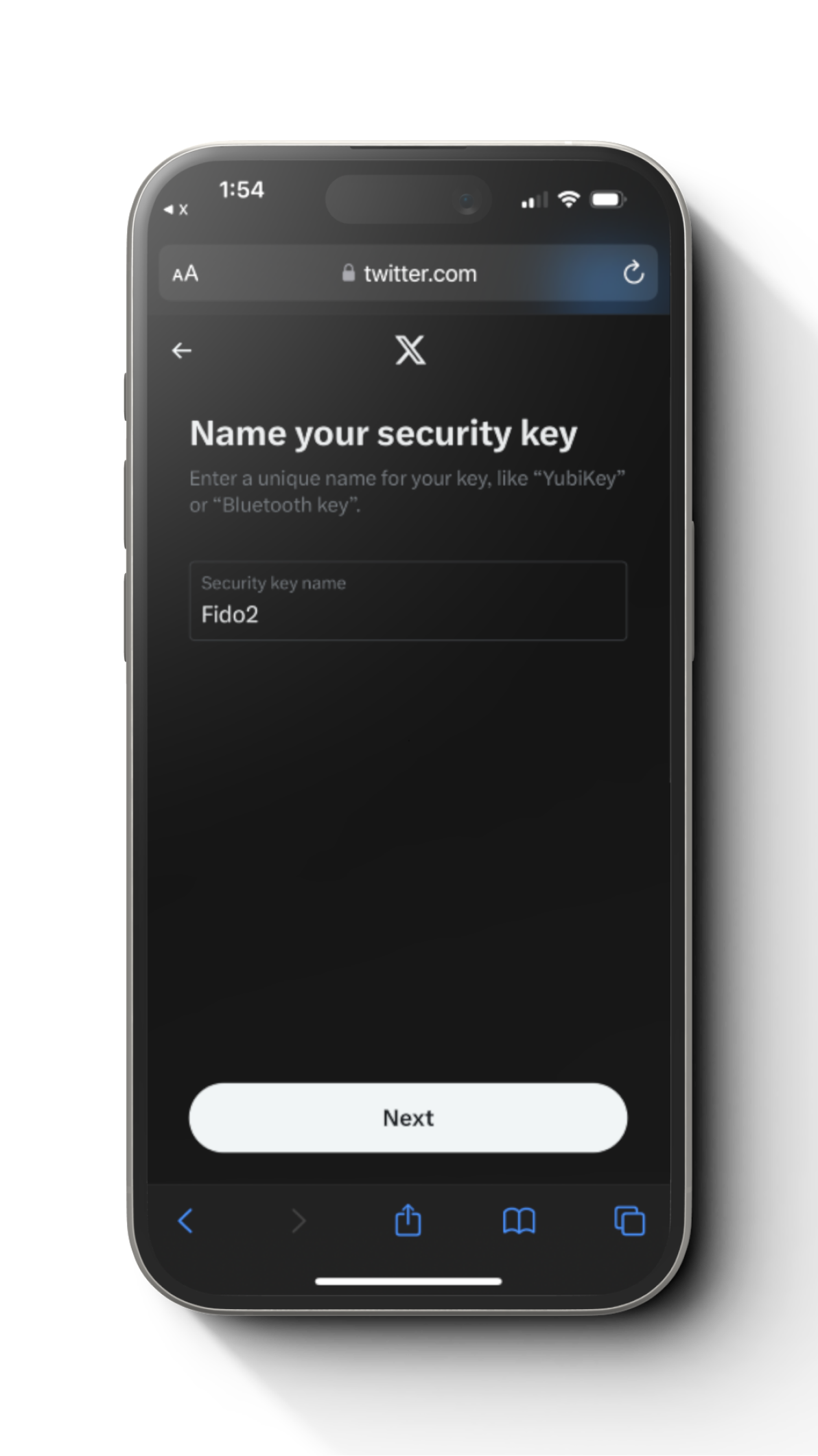 Step 2: X mobile screen for adding a security key on X account with a FIDO2 card
