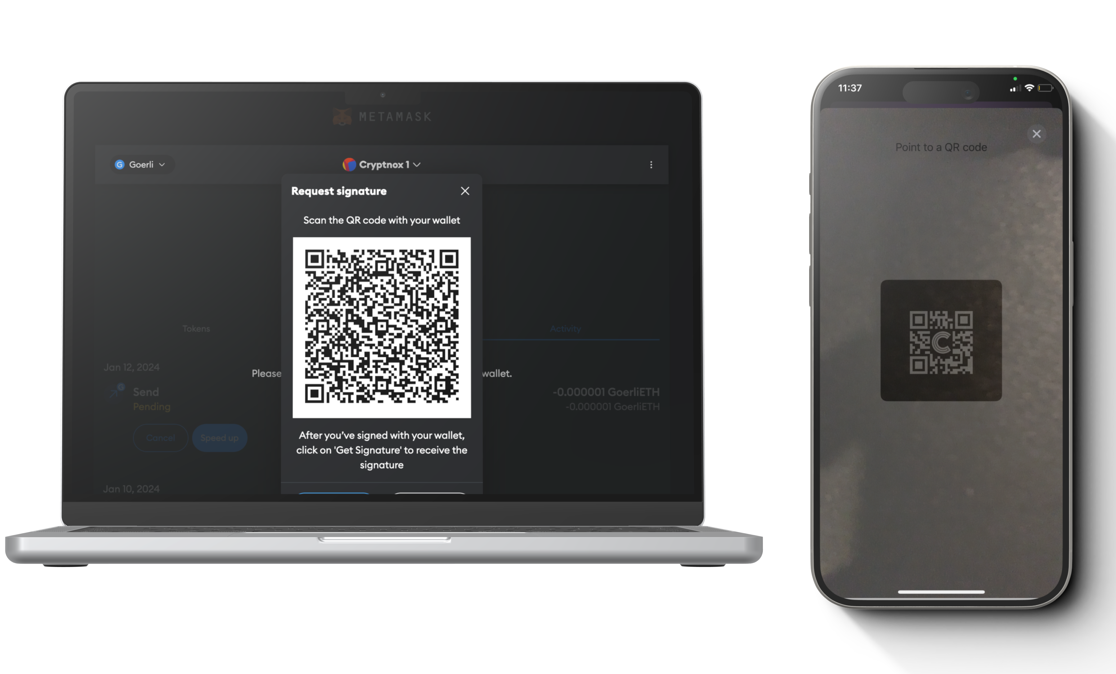 Phone scanning QR code from laptop for wallet signature