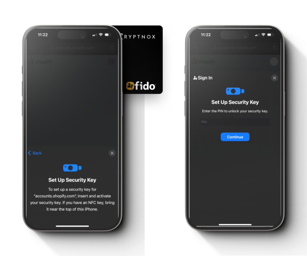 Step 5: Cryptnox FIDO2 card Shopify mobile setup account screen