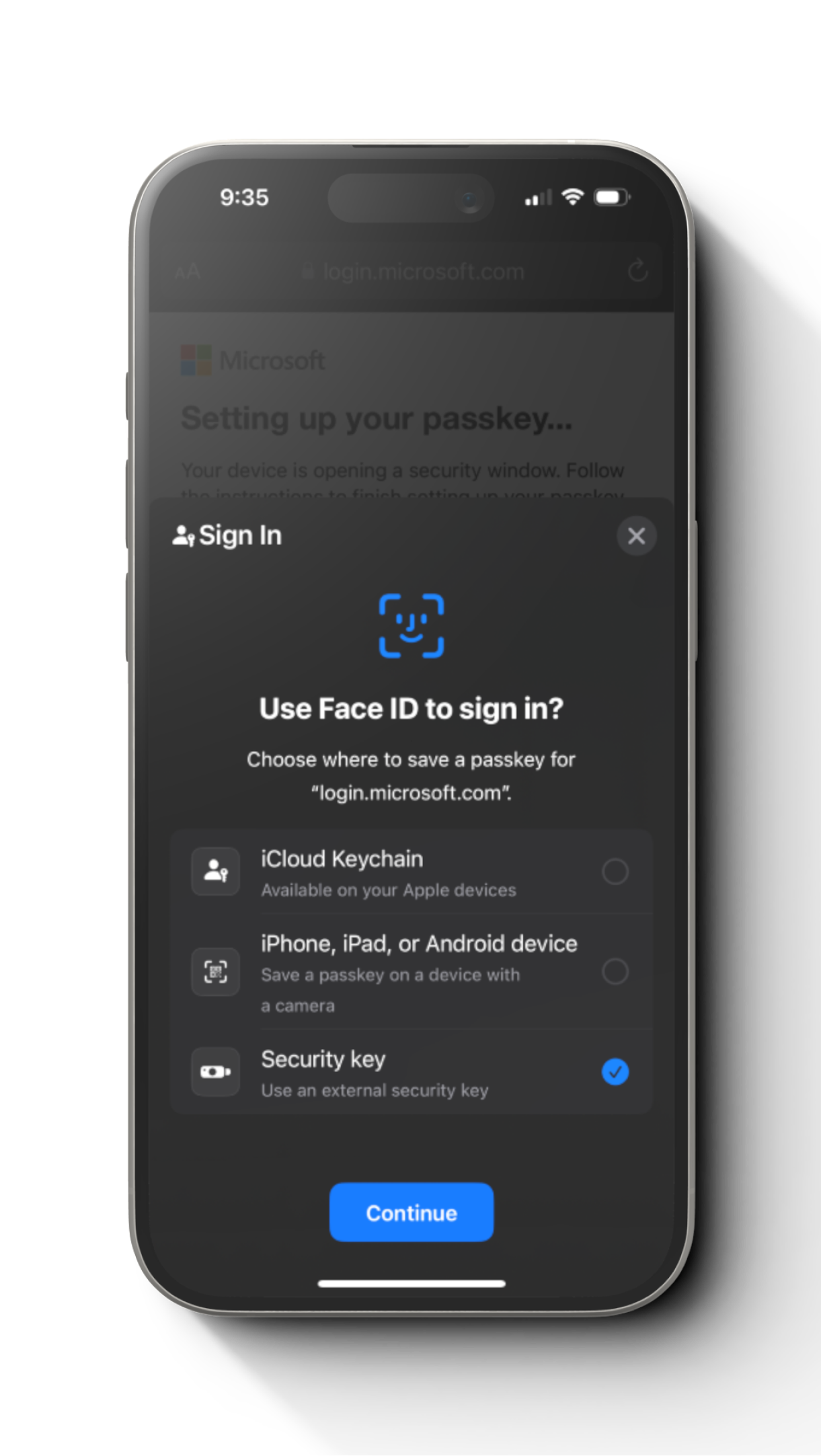 Face ID sign-in with security key option on iPhone
