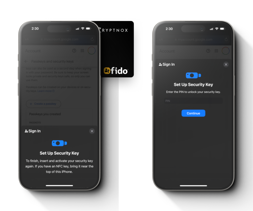 Step 14 setup Cryptnox FIDO2 card for Google account mobile by verifying the NFC smart card