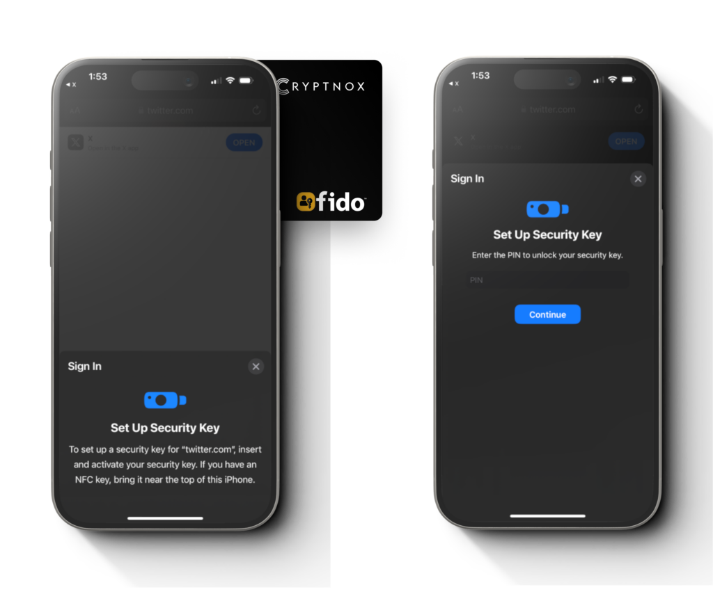 Step 5: authentication prompt for registering a security key on X account with a FIDO2 card