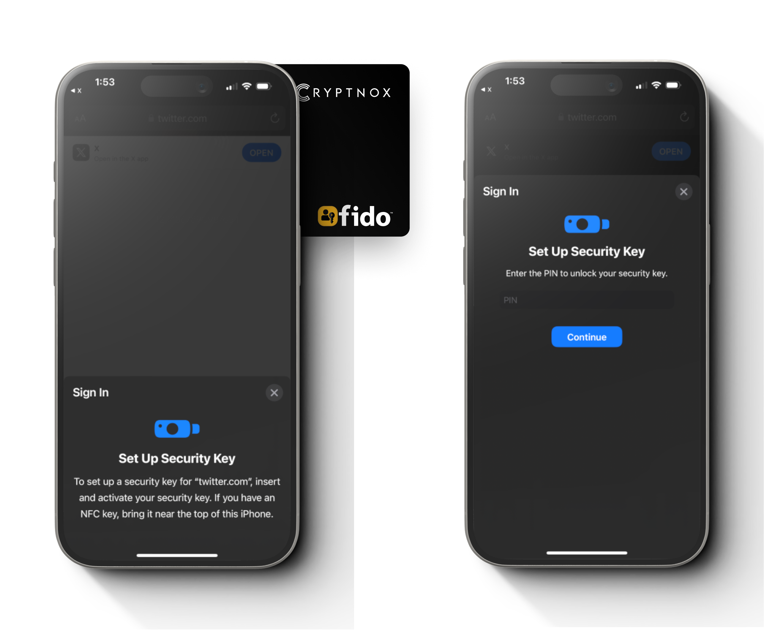 Step 5: authentication prompt for registering a security key on X account with a FIDO2 card