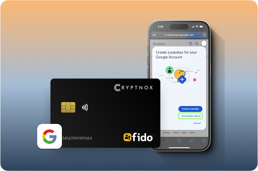 Cryptnox FIDO card with Google account passkey setup on phone