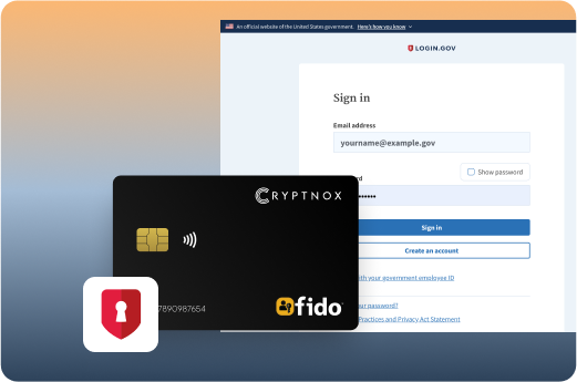 CRYPTNOX FIDO card in front of Login.gov sign-in page
