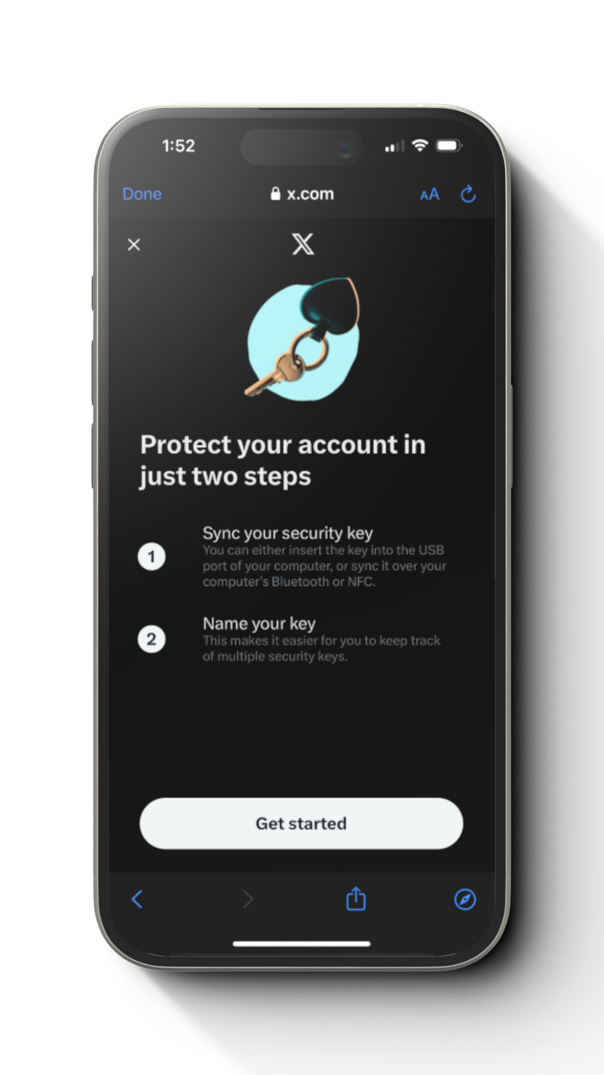 Step 8: final mobile view for setting a security key on X account with a FIDO2 card