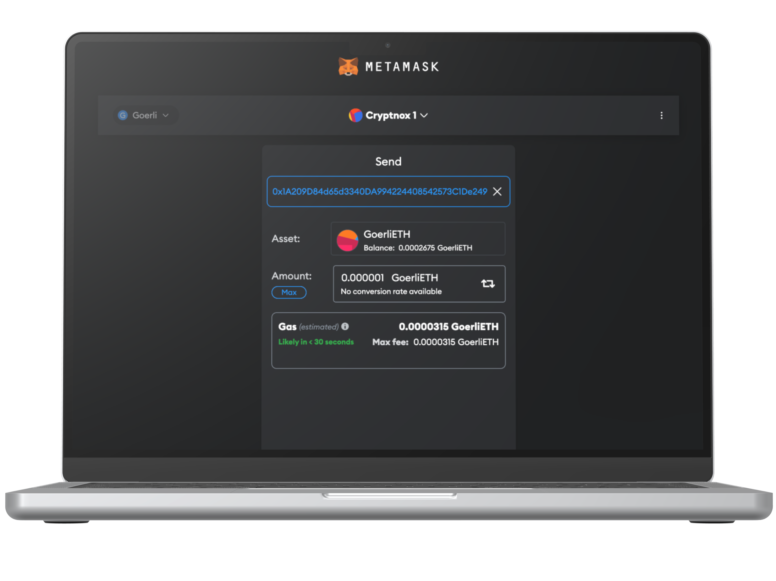 MetaMask interface on laptop showing GoerliETH transfer details