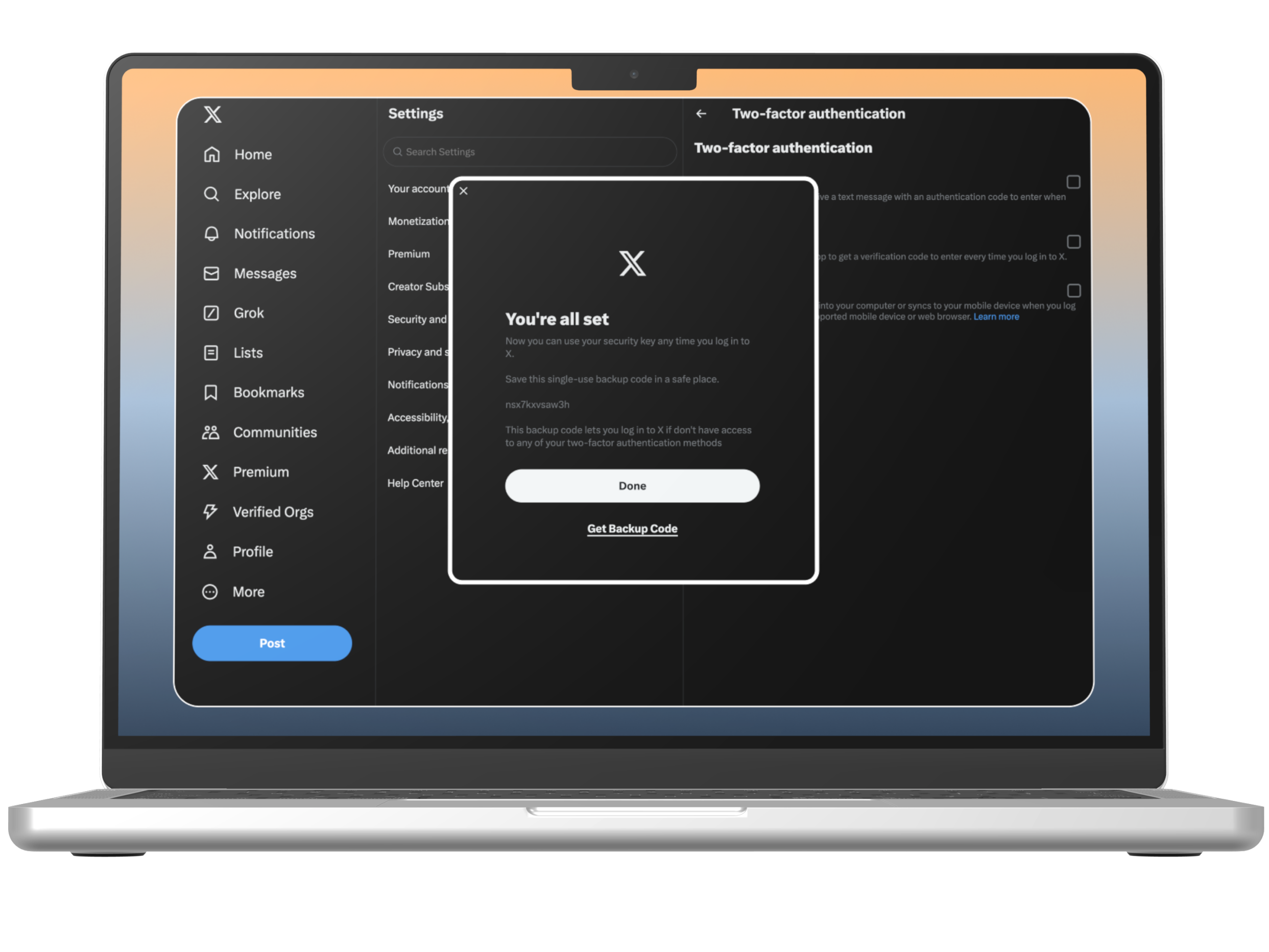 Step 22 completes authentication to set a passkey on X account.