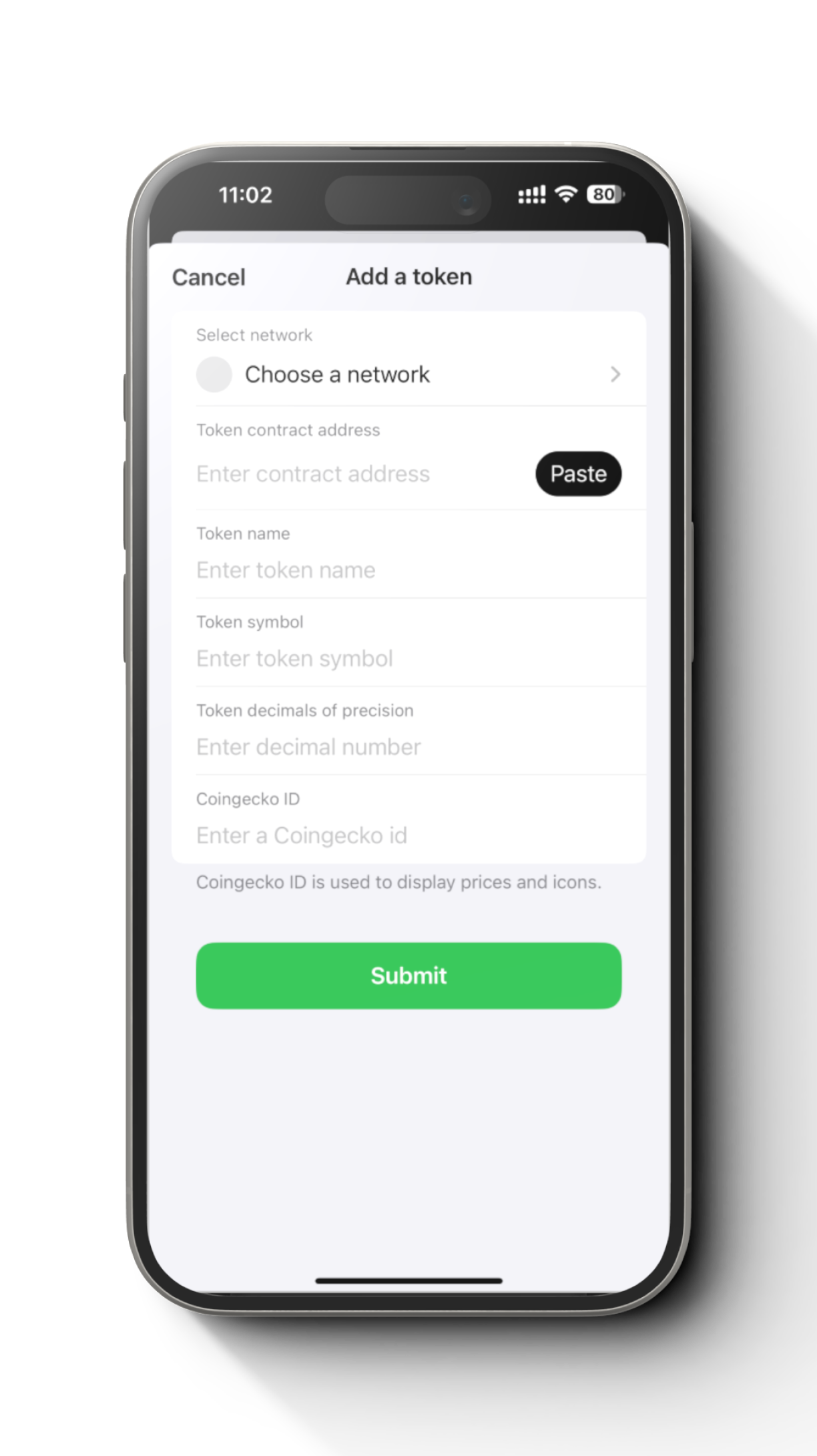 Add a new token and choose a network