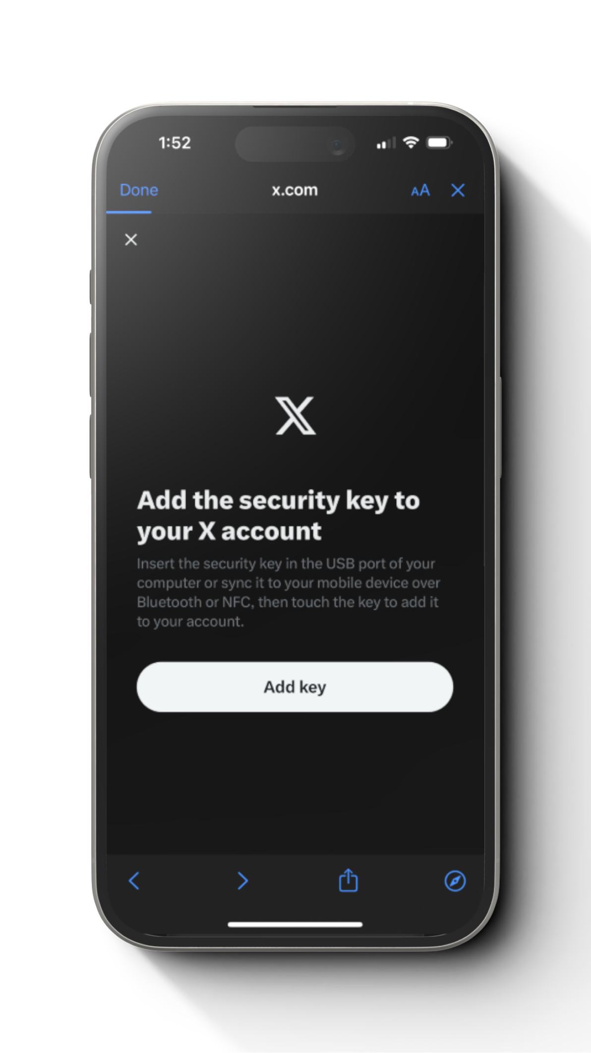 Step 1: mobile overview for setting a security key on X account with a FIDO2 card