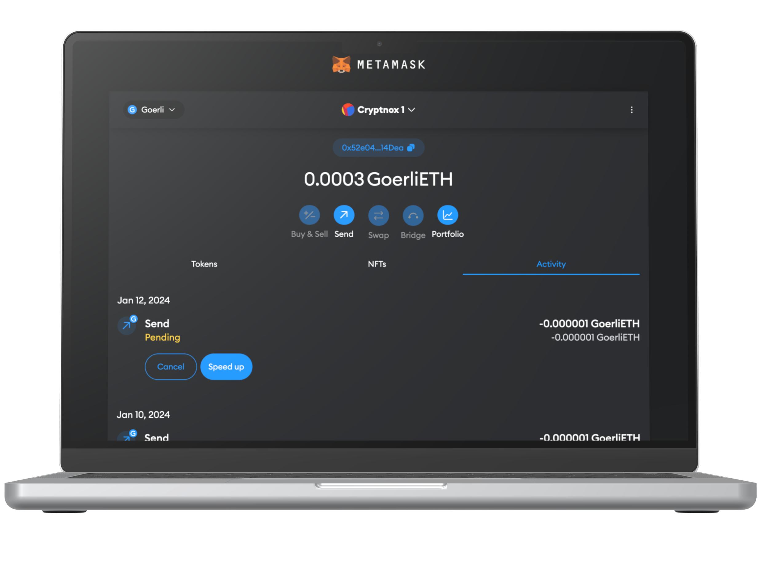 MetaMask wallet showing GoerliETH balance and pending transaction