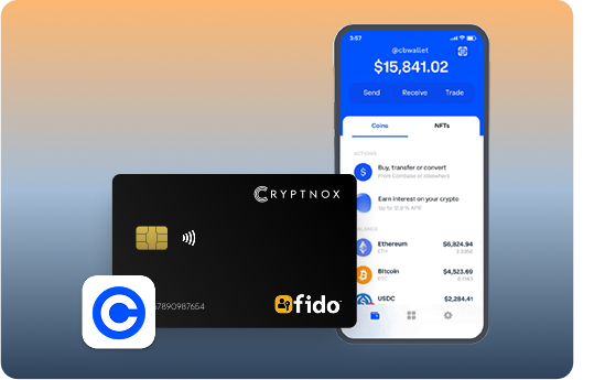 CRYPTNOX FIDO security card next to a Coinbase wallet app screen