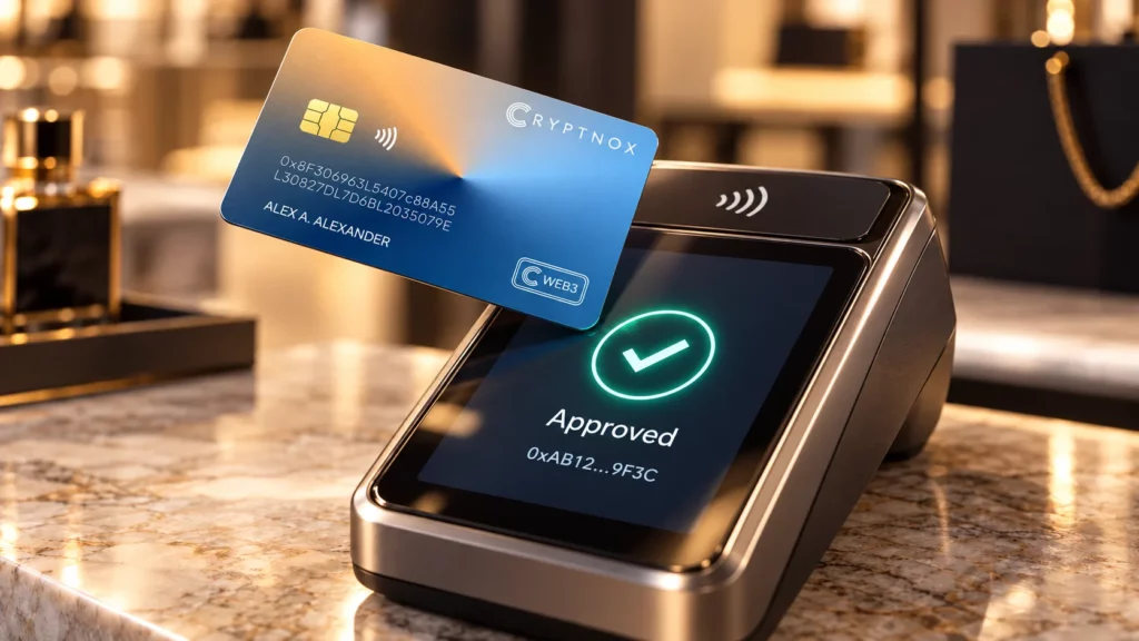 C-WaaS card tapped on a payment terminal showing Approved