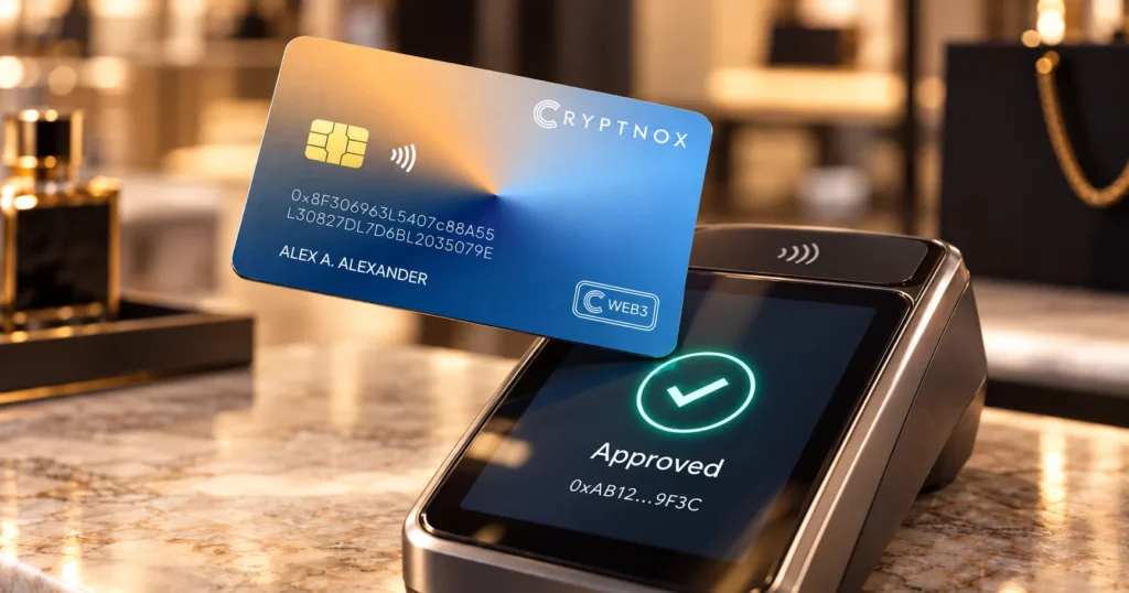 C-WaaS payment terminal on a shop counter showing Approved after a card tap