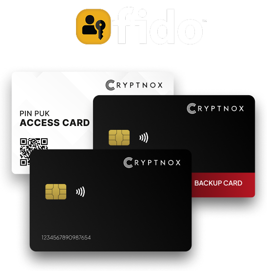 Set of Cryptnox security cards including main, backup, and PIN PUK access card