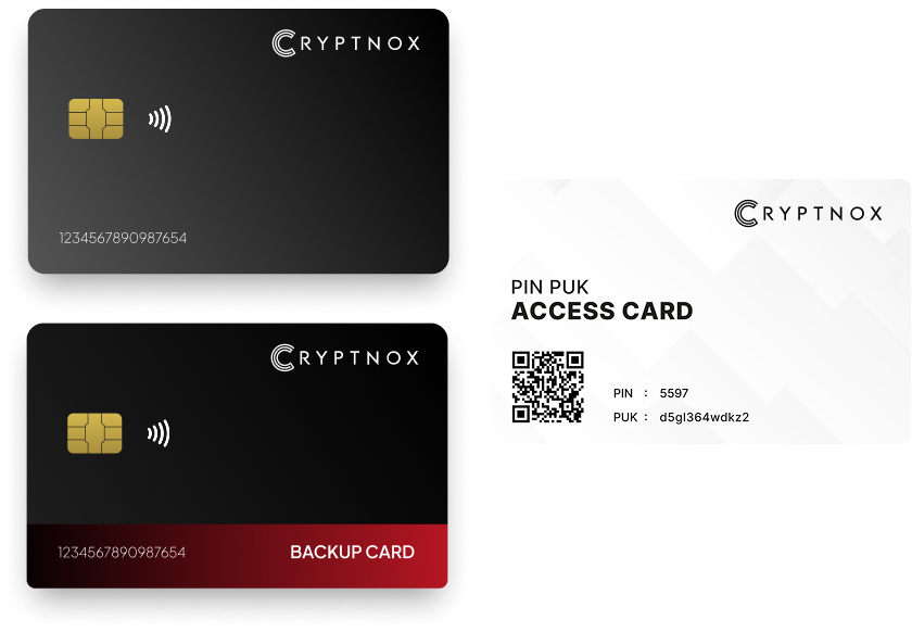Cryptnox primary, backup, and access PIN PUK security cards