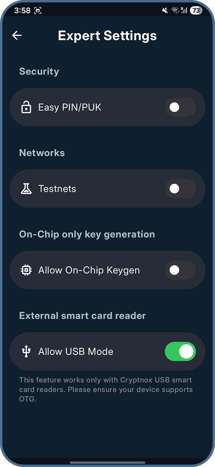 Cryptnox Wallet app Expert Settings showing the Allow USB Mode toggle on Android