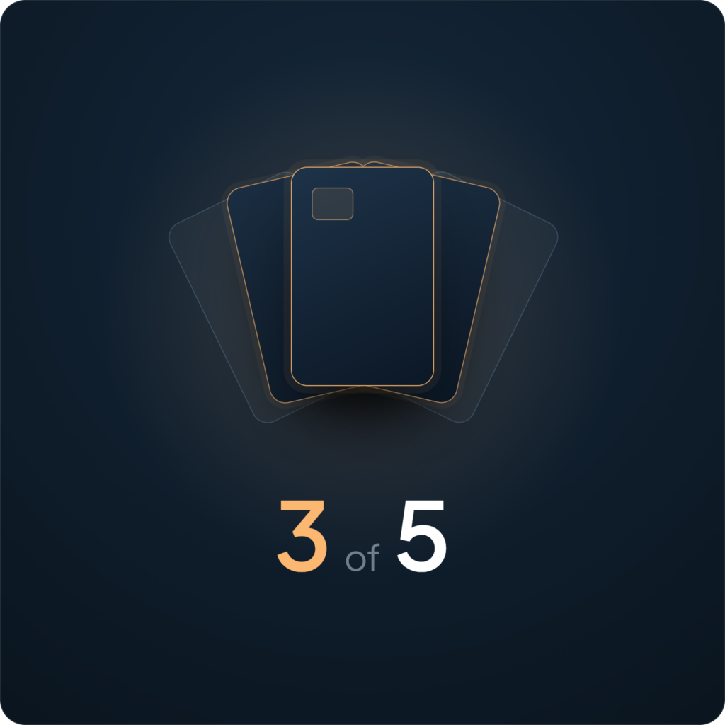 k-of-n quorum — any 3 of 5 storage cards reconstruct the secret, fewer reveal nothing