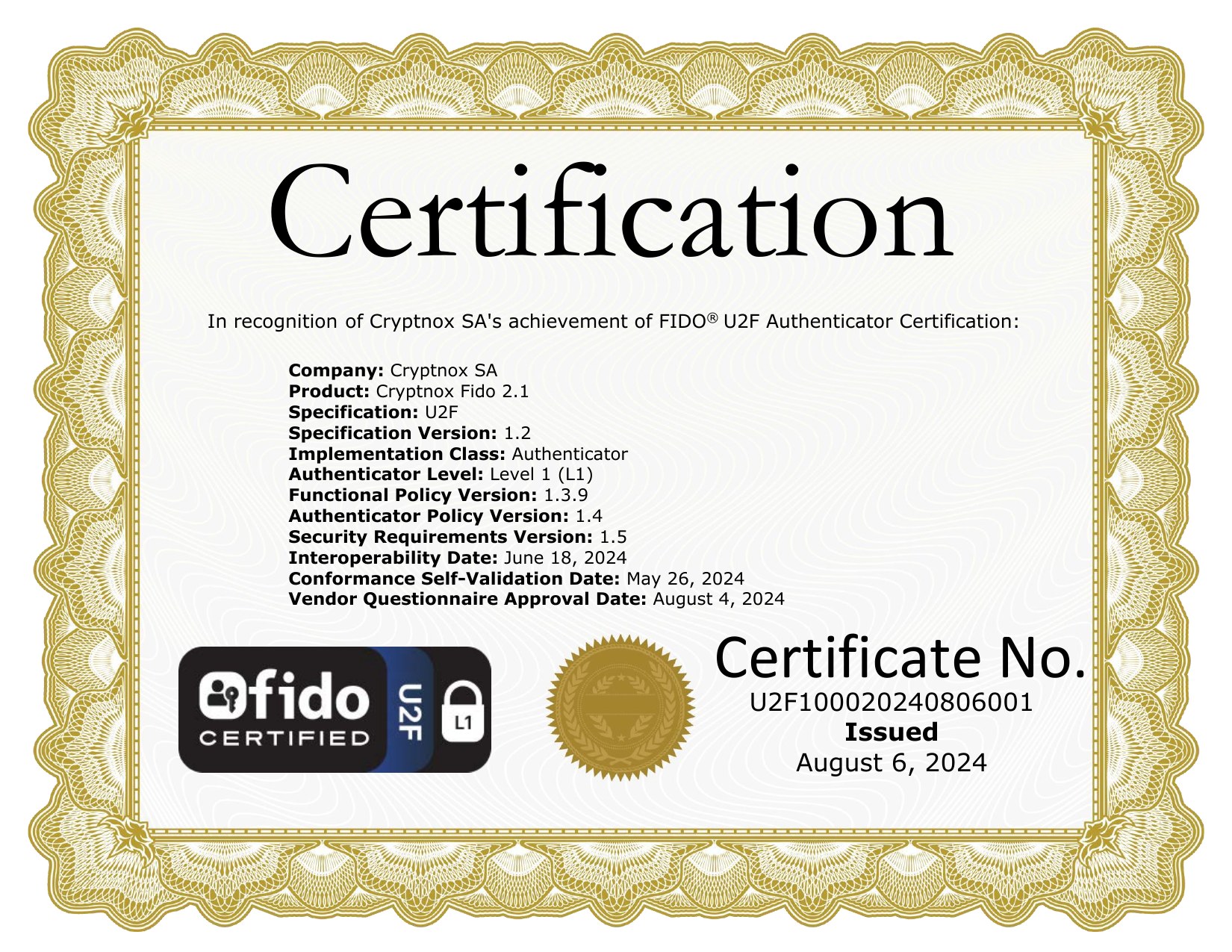 FIDO Alliance certificate U2F100020240806001 - Cryptnox Fido 2.1, U2F 1.2 Authenticator Level 1