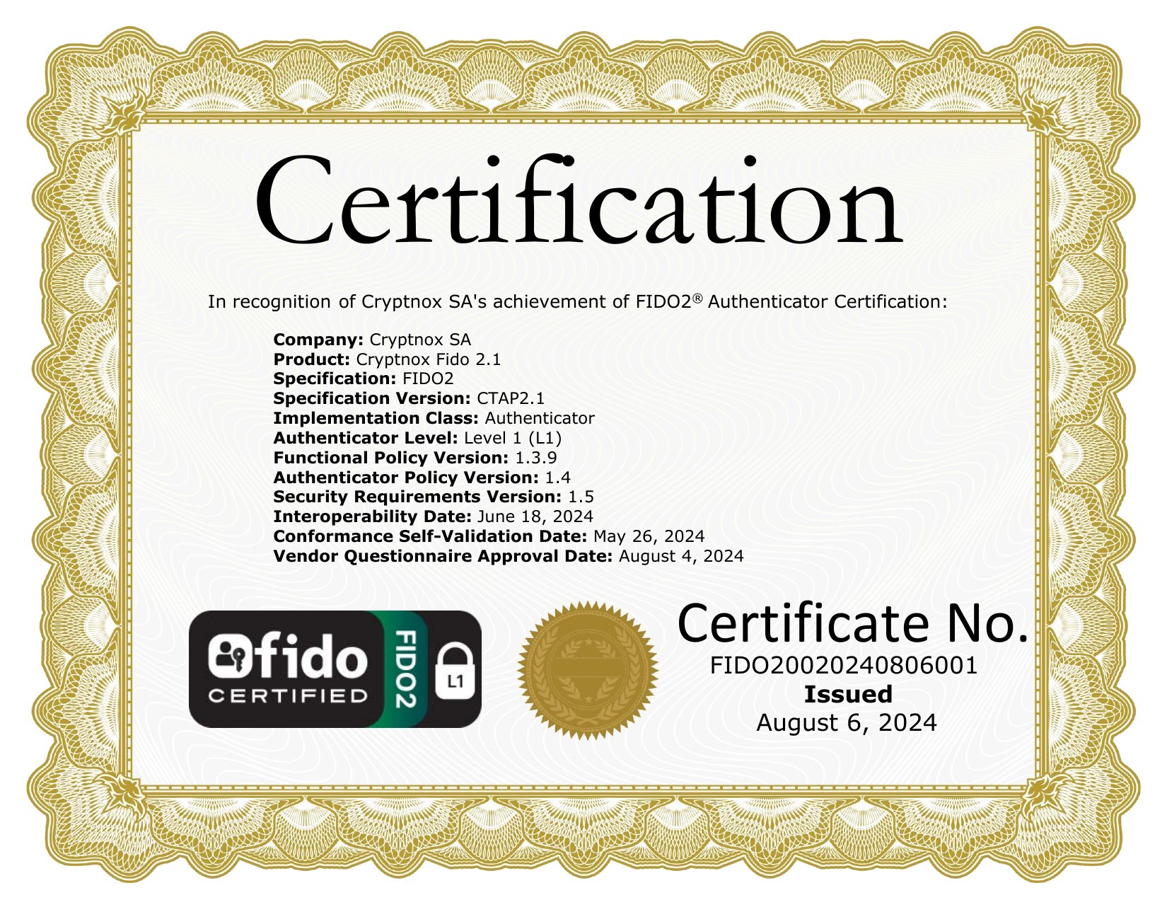 FIDO Alliance certificate FIDO20020240806001 - Cryptnox Fido 2.1, FIDO2 CTAP2.1 Authenticator Level 1