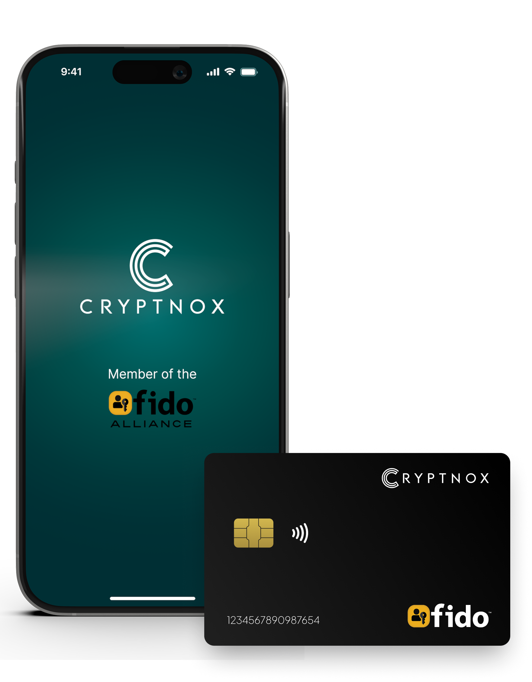 Phone showing the Cryptnox app start screen beside a Cryptnox FIDO2 smart card