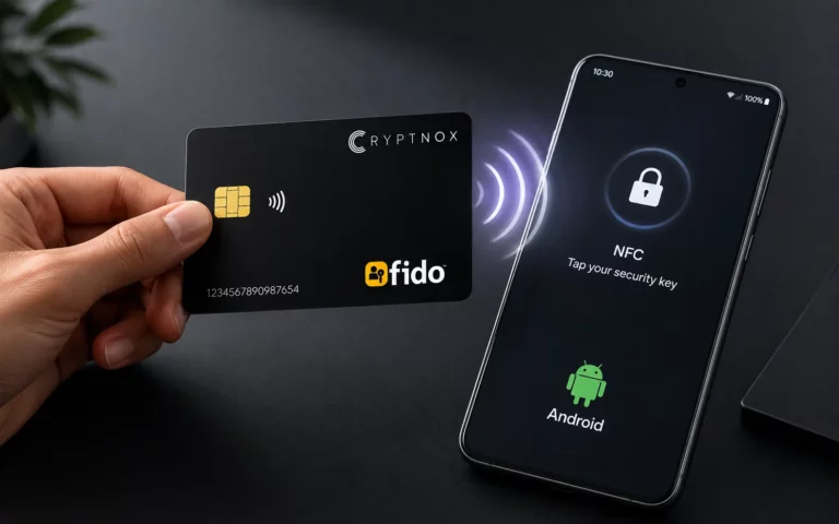 Cryptnox FIDO2 smart card with contact chip and NFC symbol tapped against an Android phone showing a Tap your security key prompt