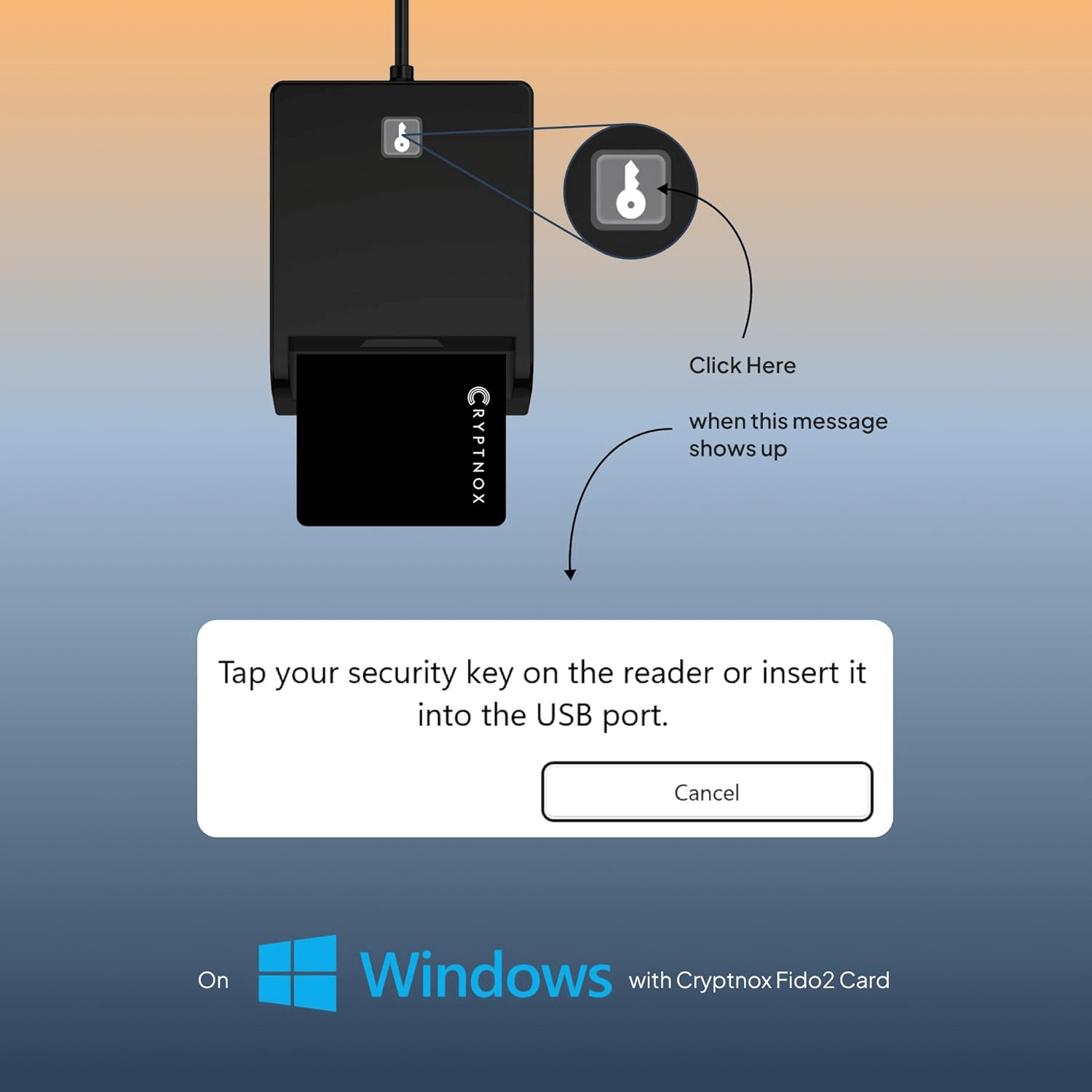 Windows asking to tap your security key, answered by pressing the Cryptnox Click-to-Tap button while the card stays in the reader