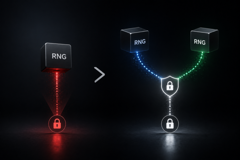 Single random number generator feeding one wallet key, beside two independent generators combining into one protected key