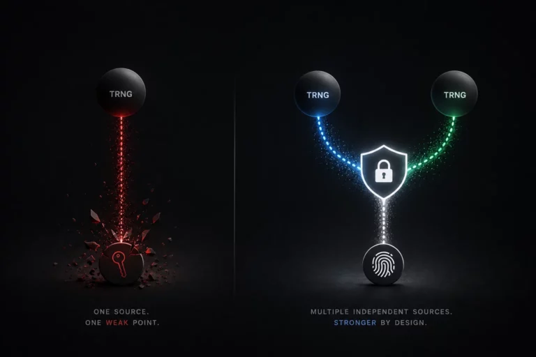 One random number generator feeding a single broken key, beside two independent generators combining into one protected credential