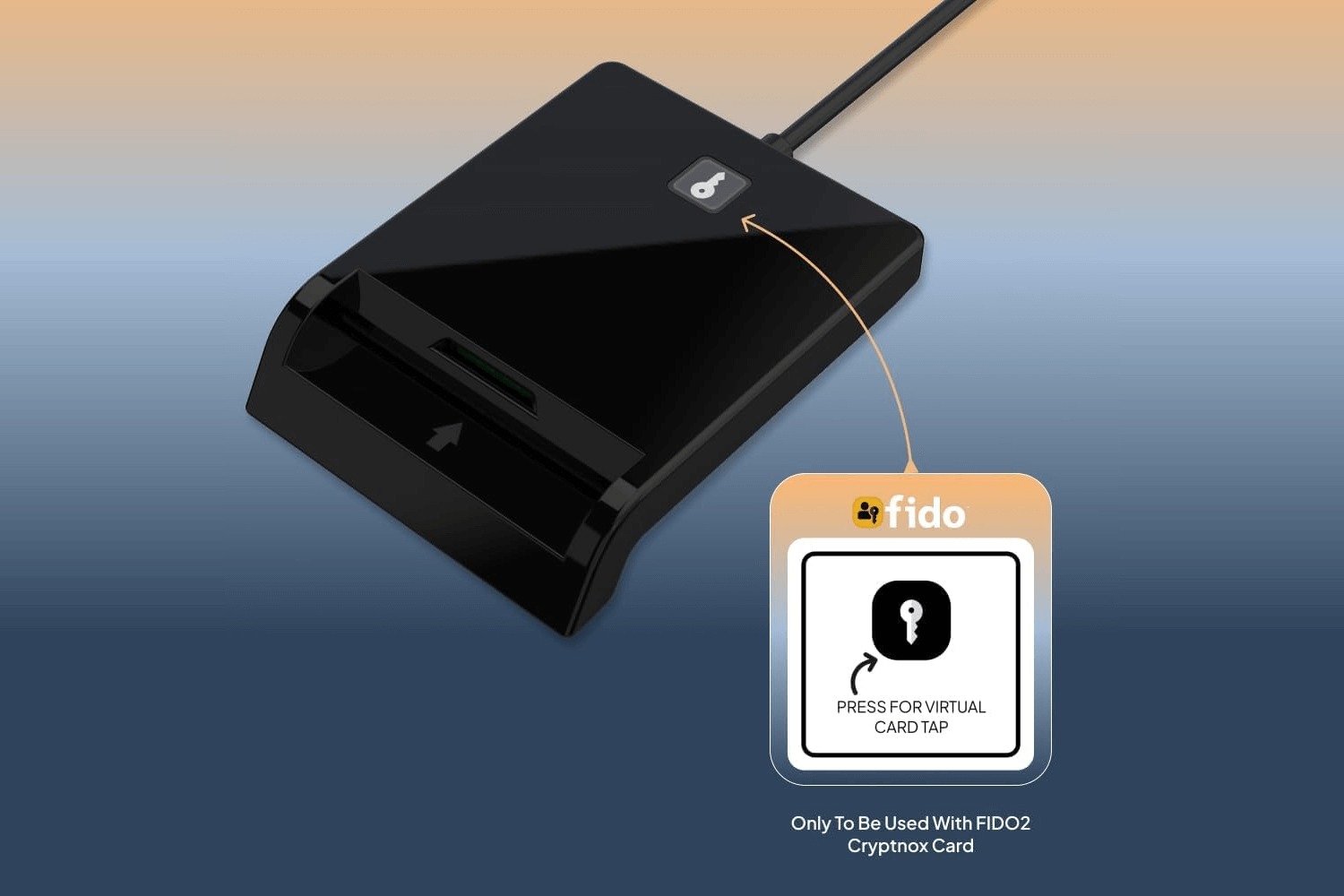 Cryptnox Click-to-Tap USB-C contact smart card reader, with the virtual tap button highlighted