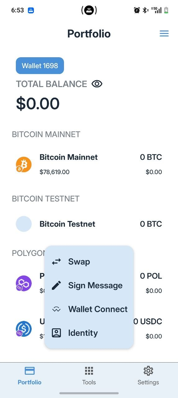 Cryptnox Wallet Tools menu with the Identity option highlighted