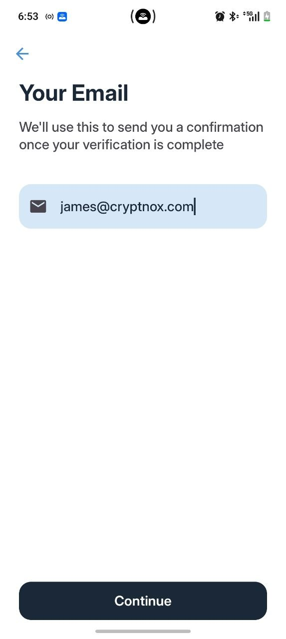 Entering an email address for Cryptnox Wallet identity verification
