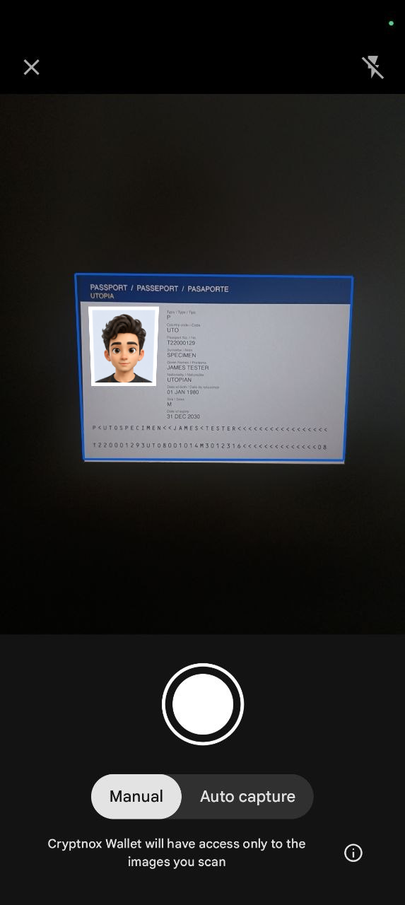 Scanning a passport for identity verification in Cryptnox Wallet