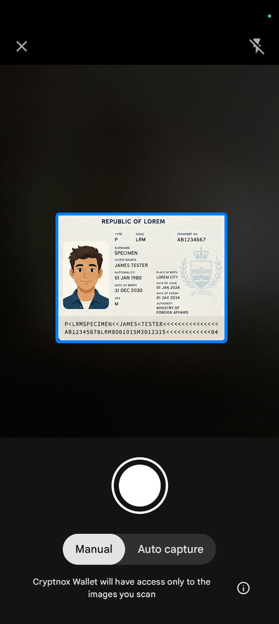 Scanning a passport for identity verification in Cryptnox Wallet